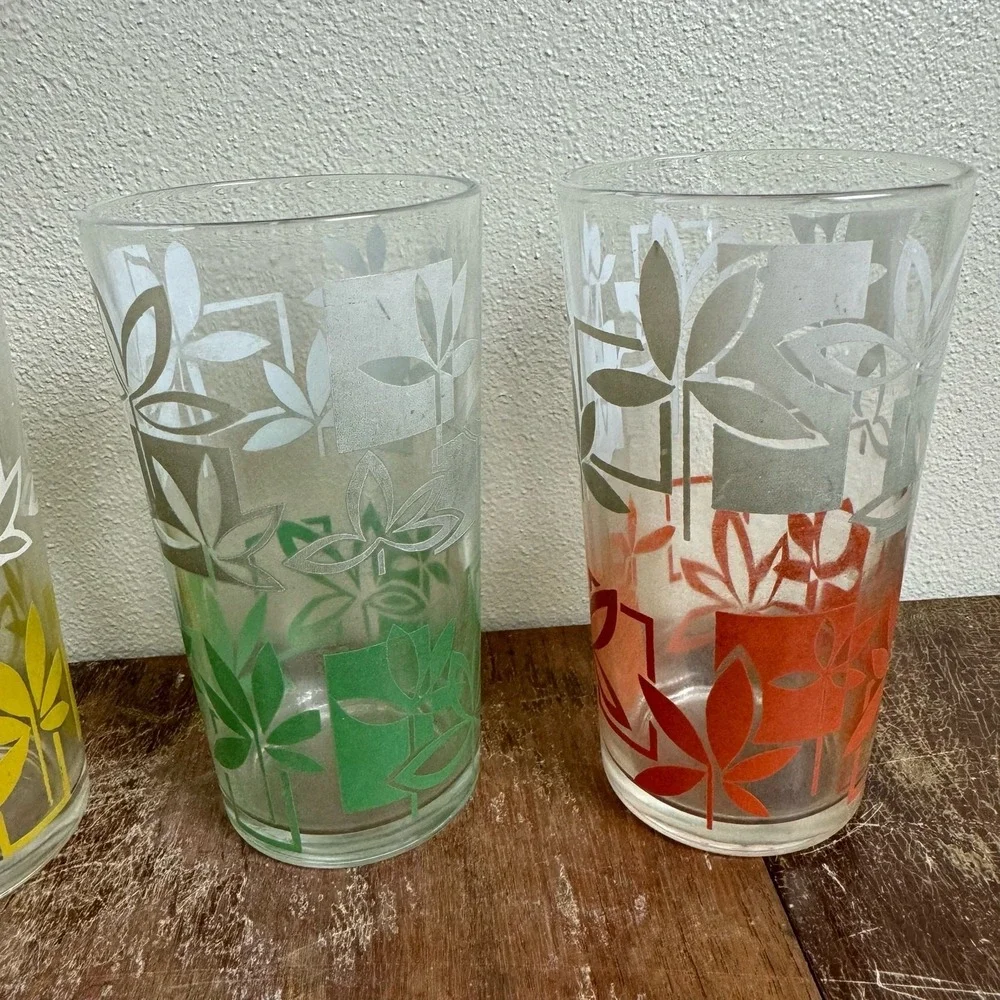 Set of 3 MCM Vintage Two Tone floral print drinking glasses yellow green orange‎